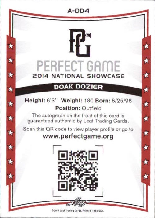 2014 Leaf Perfect Game Showcase Autographs #ADD4 Doak Dozier SP back image