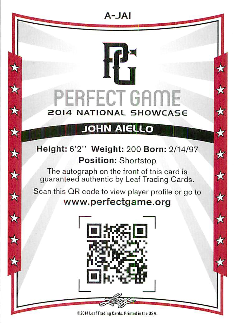 2014 Leaf Perfect Game Showcase Autographs Gold #AJA1 John Aiello/50 back image