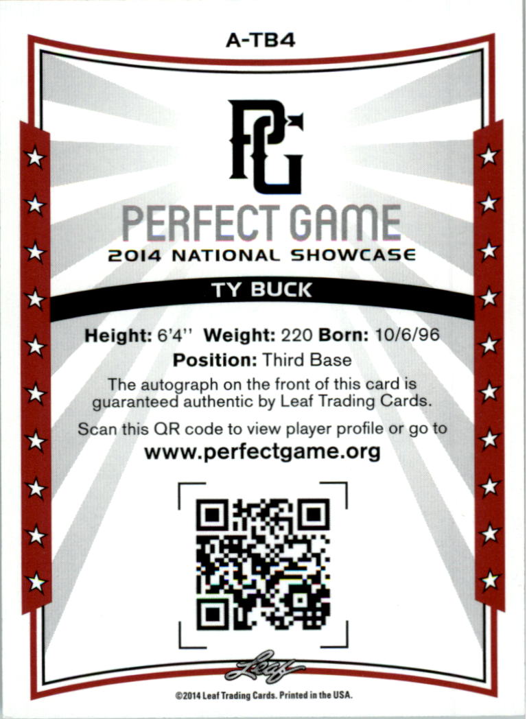2014 Leaf Perfect Game Showcase Autographs Gold #ATB4 Ty Buck/50 back image