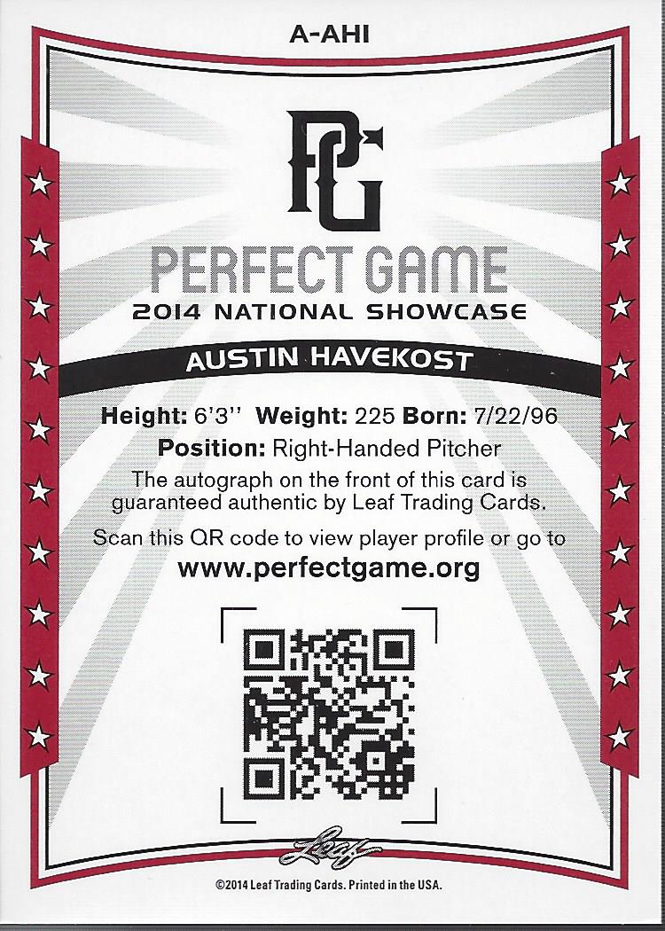 2014 Leaf Perfect Game Showcase Autographs Blue #AAH1 Austin Havekost/25 back image