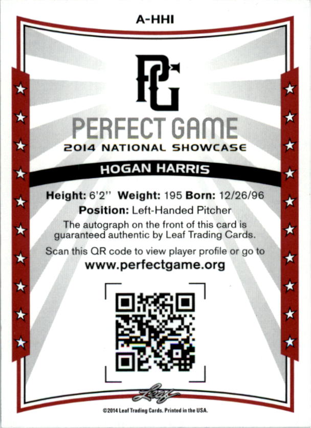 2014 Leaf Perfect Game Showcase Autographs Green #AHH1 Hogan Harris/10 back image