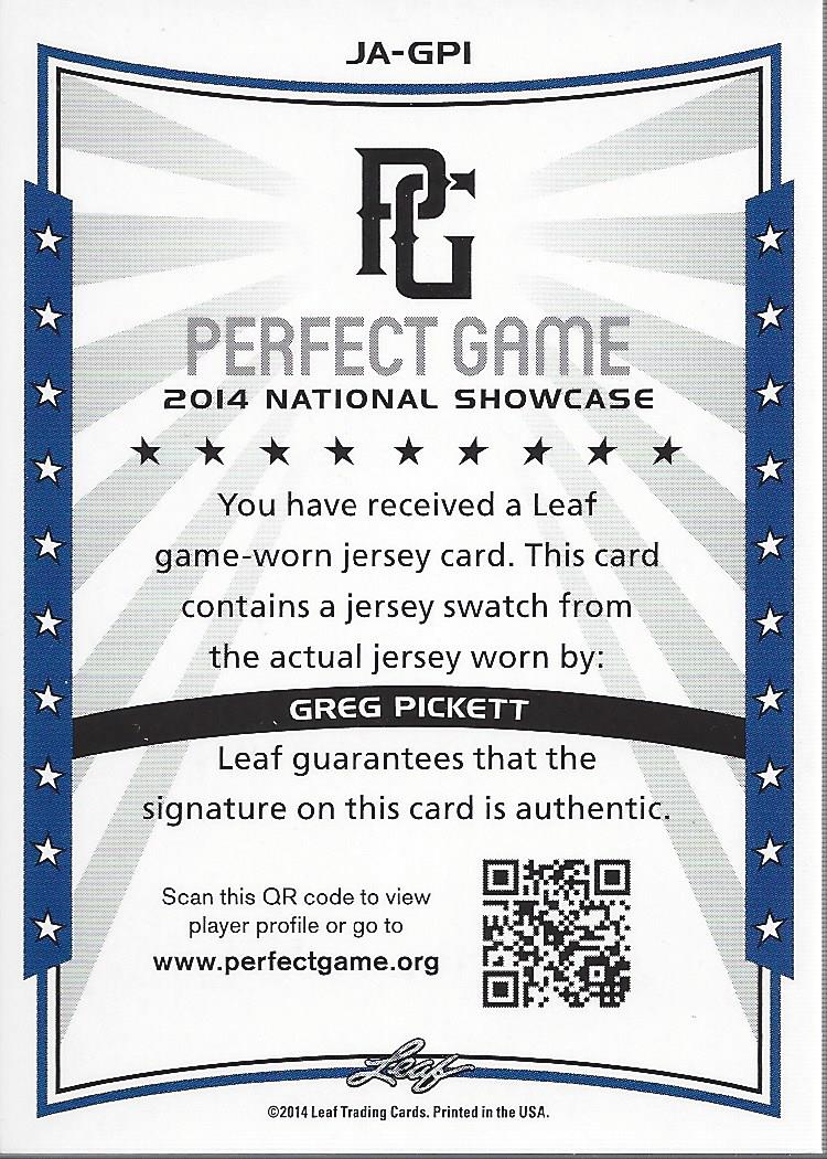 2014 Leaf Perfect Game Showcase Jersey Autographs #JAGP1 Greg Pickett back image