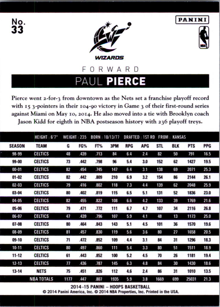 2014-15 Hoops #33 Paul Pierce back image