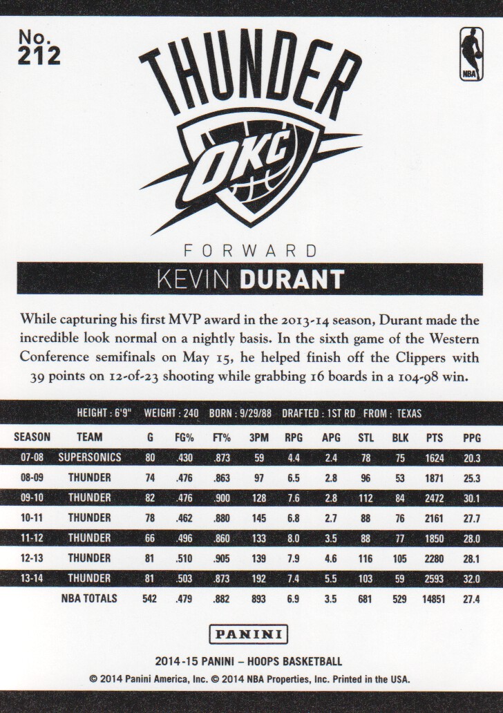 2014-15 Hoops #212 Kevin Durant back image