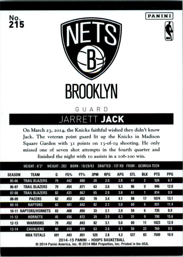 2014-15 Hoops #215 Jarrett Jack back image