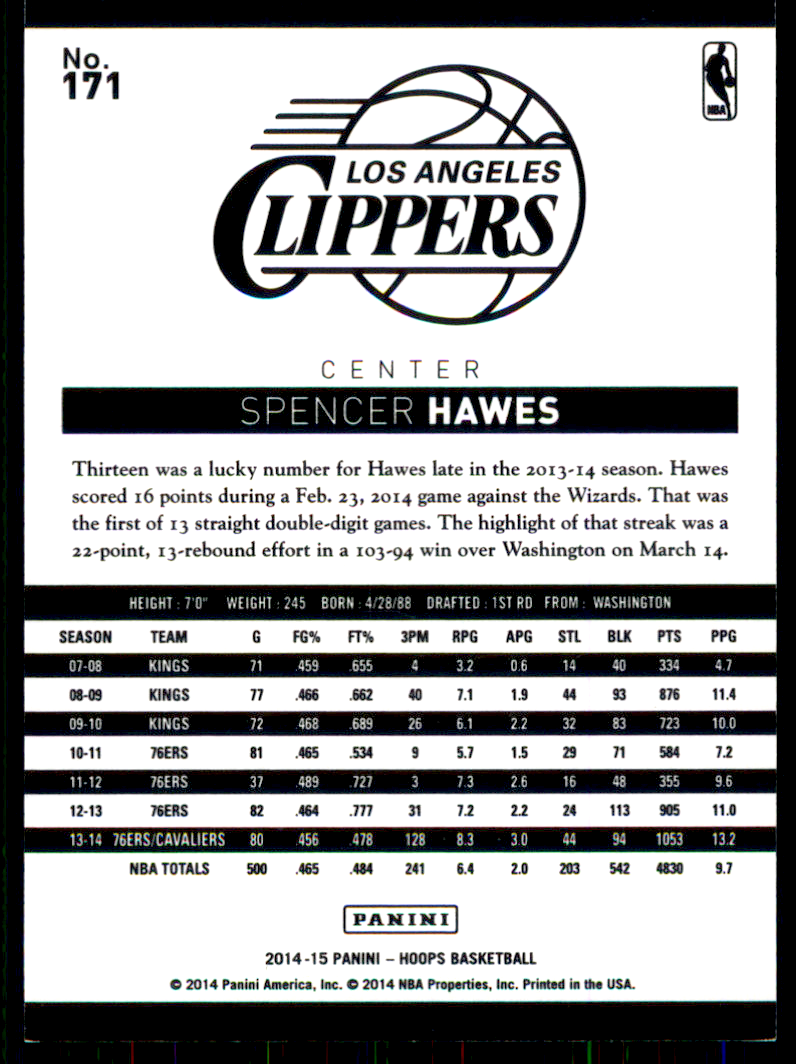 2014-15 Hoops Blue #171 Spencer Hawes back image