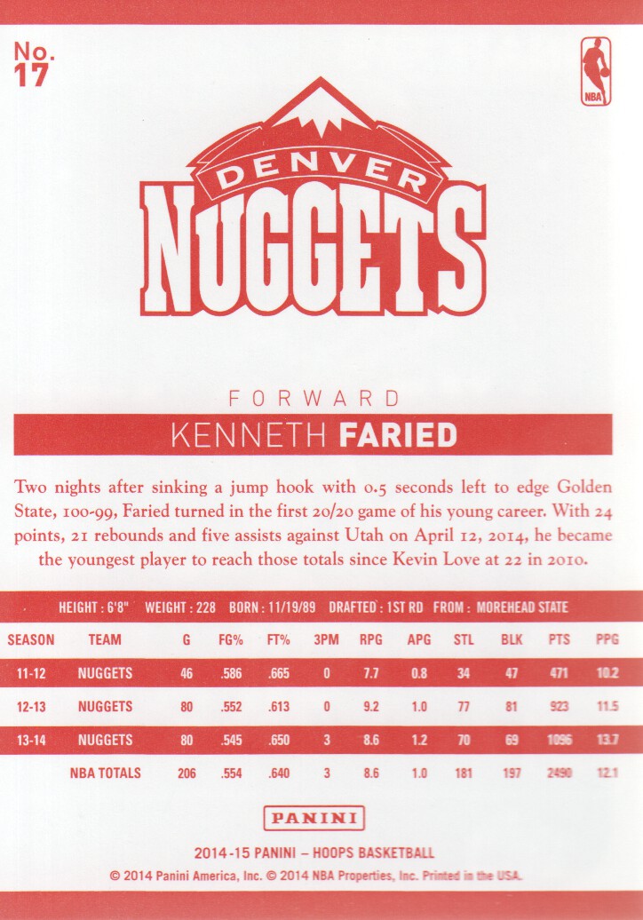 2014-15 Hoops Red Backs #17 Kenneth Faried back image