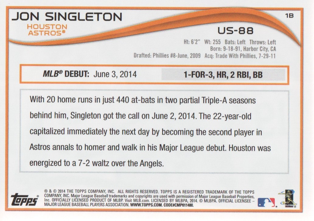 2014 Topps Update #US88 Jon Singleton RC back image