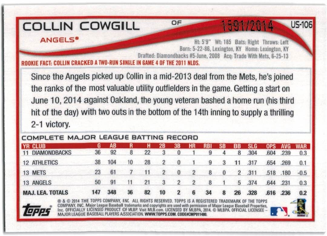 2014 Topps Update Gold #US106 Collin Cowgill back image