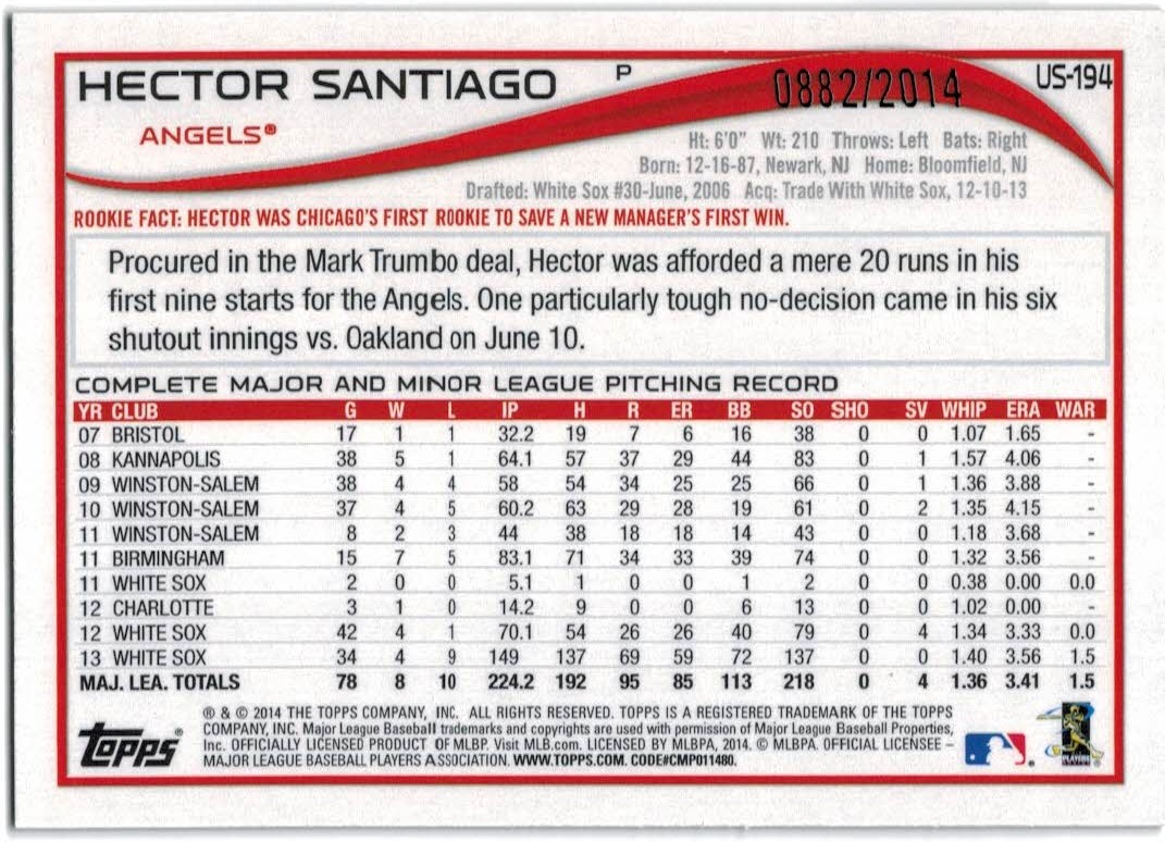 2014 Topps Update Gold #US194 Hector Santiago back image