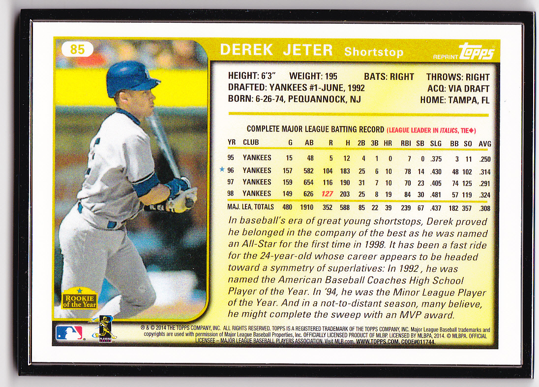 2014 Topps Update Framed Derek Jeter Reprints Black #1999 Derek Jeter back image