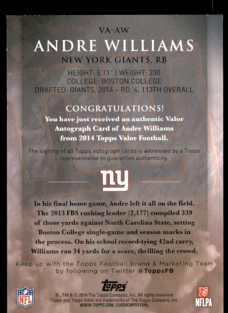 2014 Topps Valor Autographs Speed #VAAW Andre Williams back image