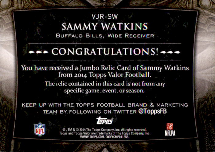 2014 Topps Valor Jumbo Relics Strength #VJRSW Sammy Watkins back image