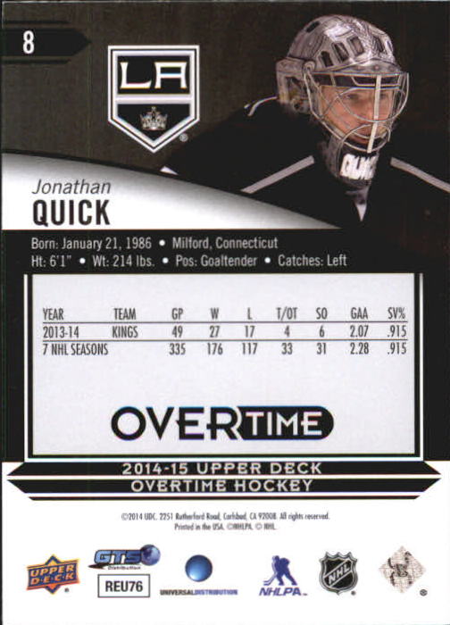 2014-15 Upper Deck Overtime Blue #8 Jonathan Quick back image