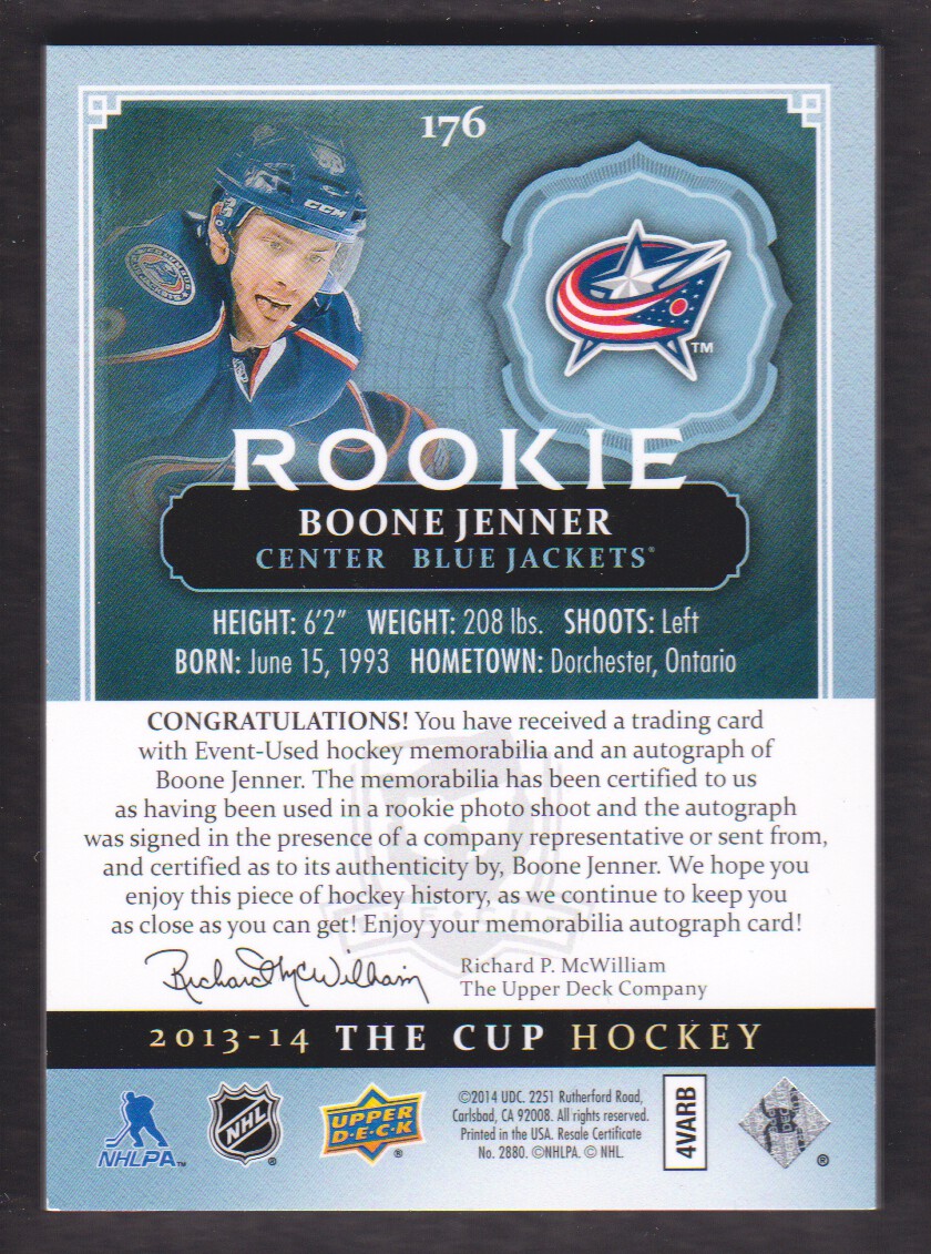 2013-14 The Cup #176 Boone Jenner JSY AU/249 RC back image
