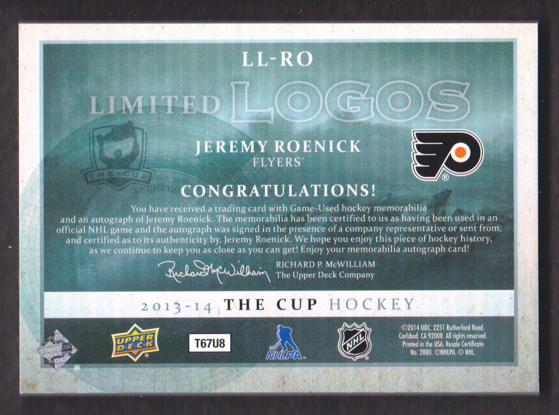 2013-14 The Cup Limited Logos Autographs #LLRO Jeremy Roenick/50 back image