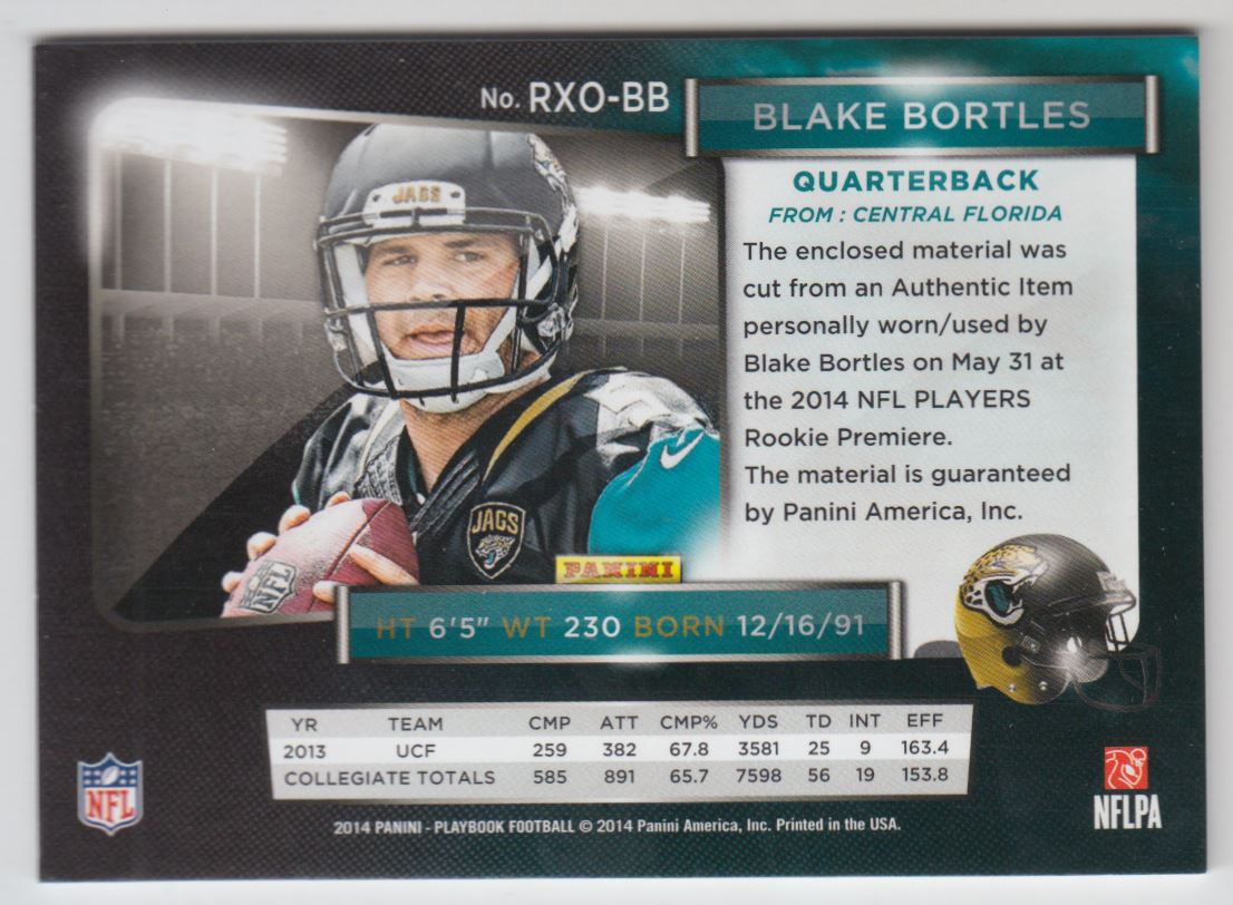 2014 Panini Playbook Rookie X's and O's Materials #38 Blake Bortles back image
