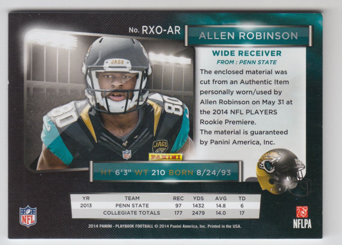 2014 Panini Playbook Rookie X's and O's Materials Prime #18 Allen Robinson back image