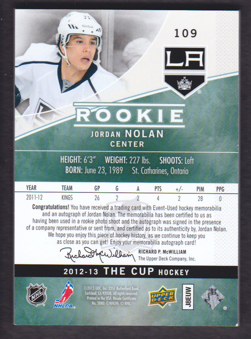 2012-13 The Cup Gold Rainbow #109 Jordan Nolan JSY AU/71/(inserted in 13-14 The Cup) back image