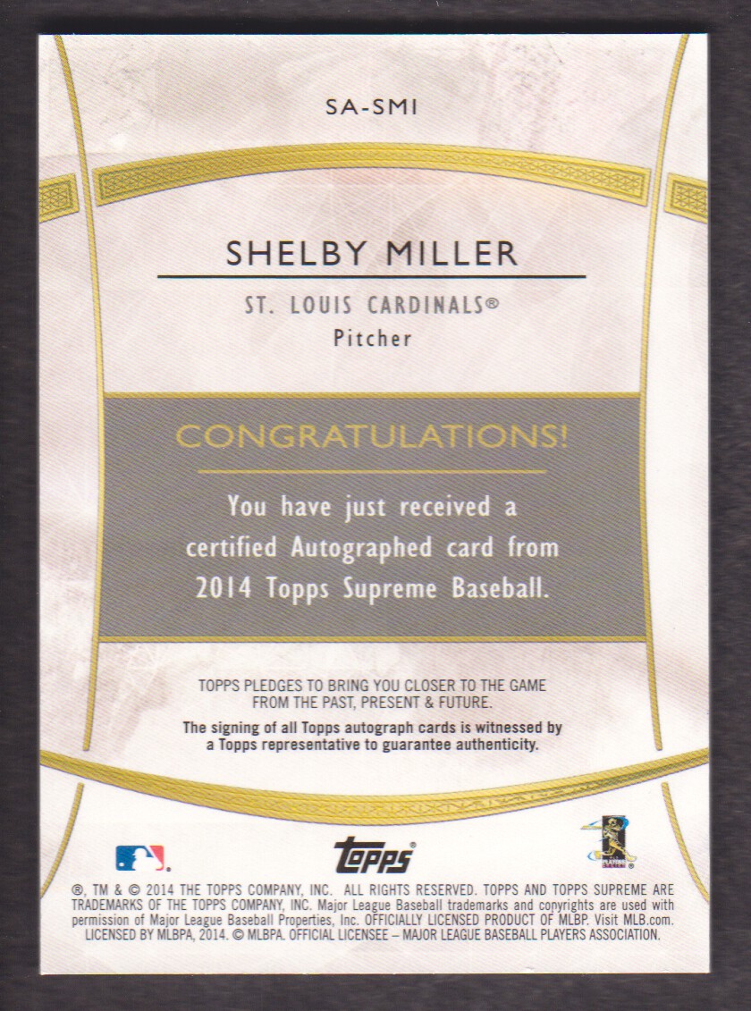 2014 Topps Supreme Autographs Green #SASMI Shelby Miller back image
