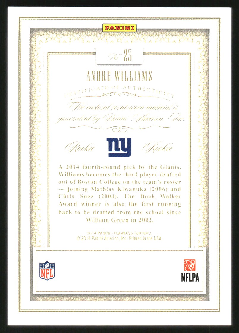 2014 Panini Flawless Rookie Patches Ruby #23 Andre Williams back image