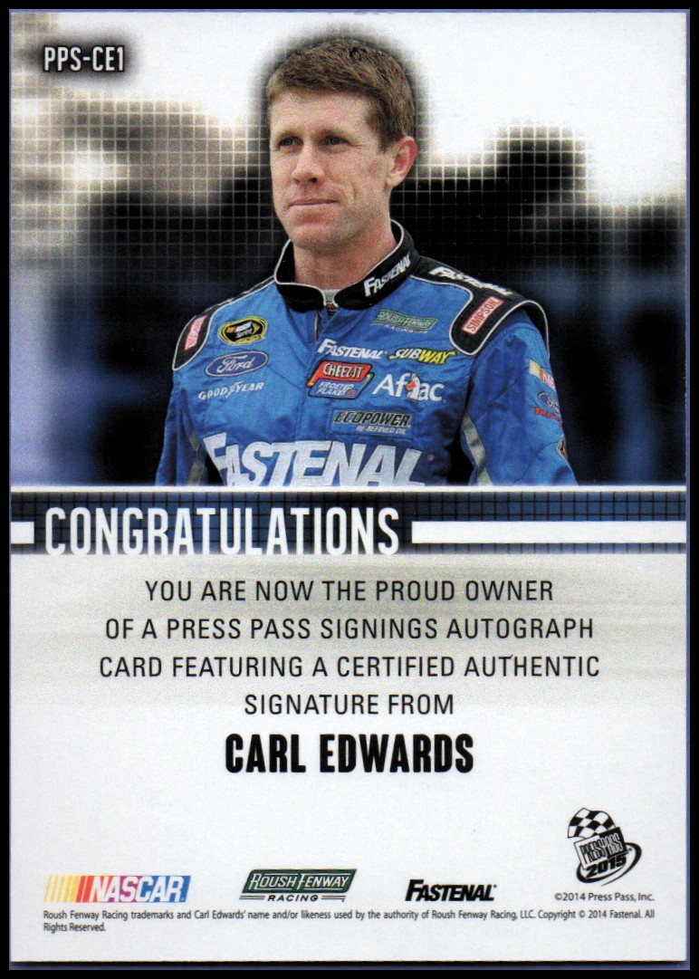 2015 Press Pass Signings Blue #PPSCED Carl Edwards/25 back image