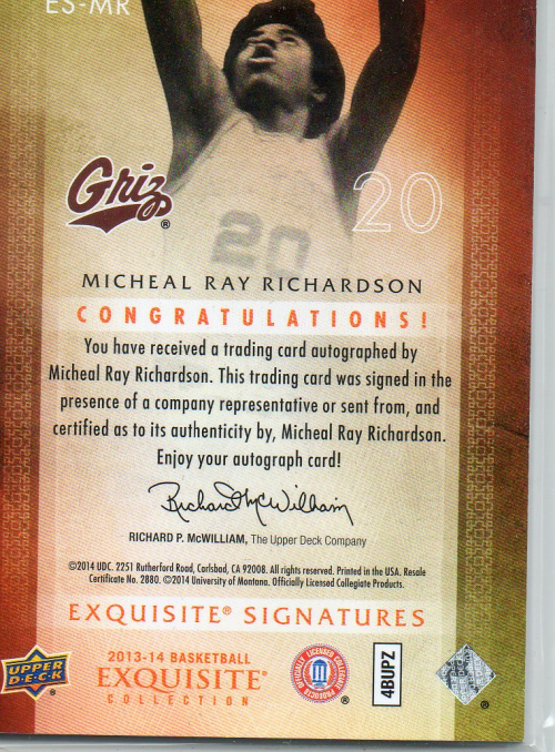 2013-14 Exquisite Collection Exquisite Signatures #ESMR Micheal Ray Richardson/65 back image