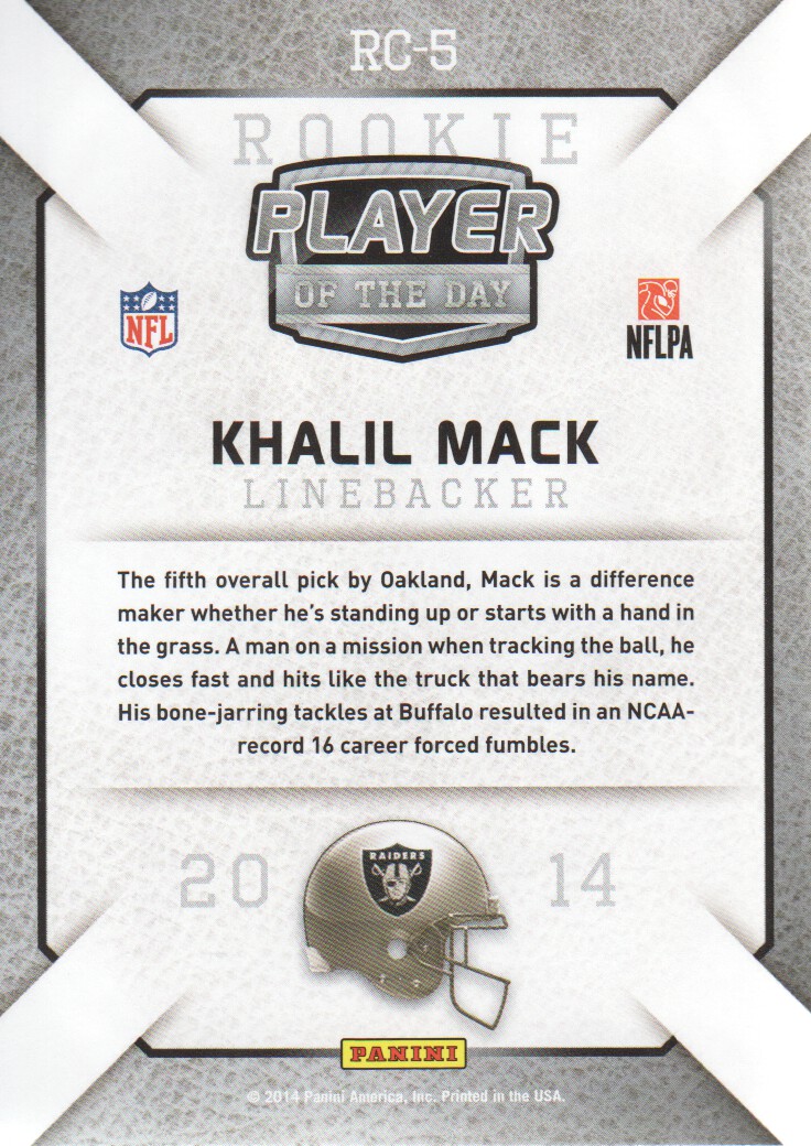 2014 Panini Player of the Day #RC5 Khalil Mack back image