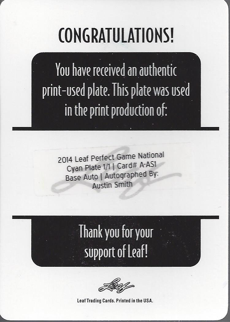 2014 Leaf Perfect Game Showcase Autographs Printing Plates Cyan #AAS1 Austin Smith back image