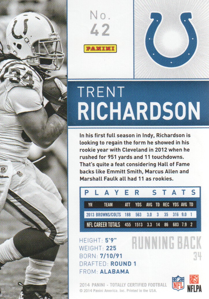 2014 Totally Certified #42 Trent Richardson back image