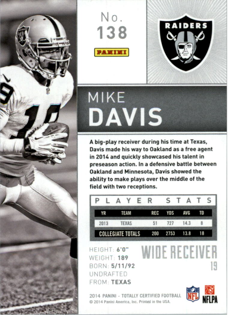 2014 Totally Certified #138 Mike Davis RC back image