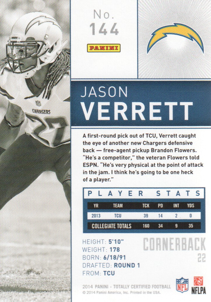 2014 Totally Certified #144 Jason Verrett RC back image