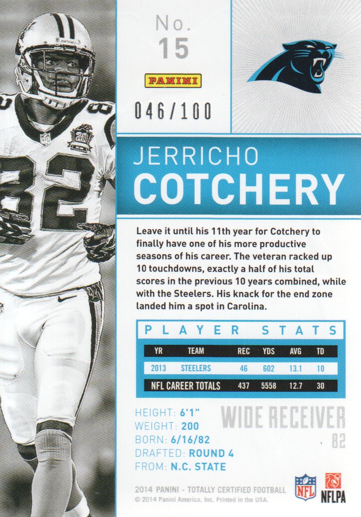 2014 Totally Certified Platinum Red #15 Jerricho Cotchery back image
