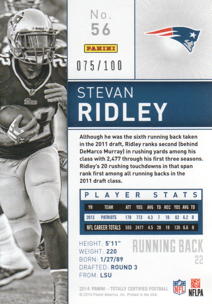 2014 Totally Certified Platinum Red #56 Stevan Ridley back image