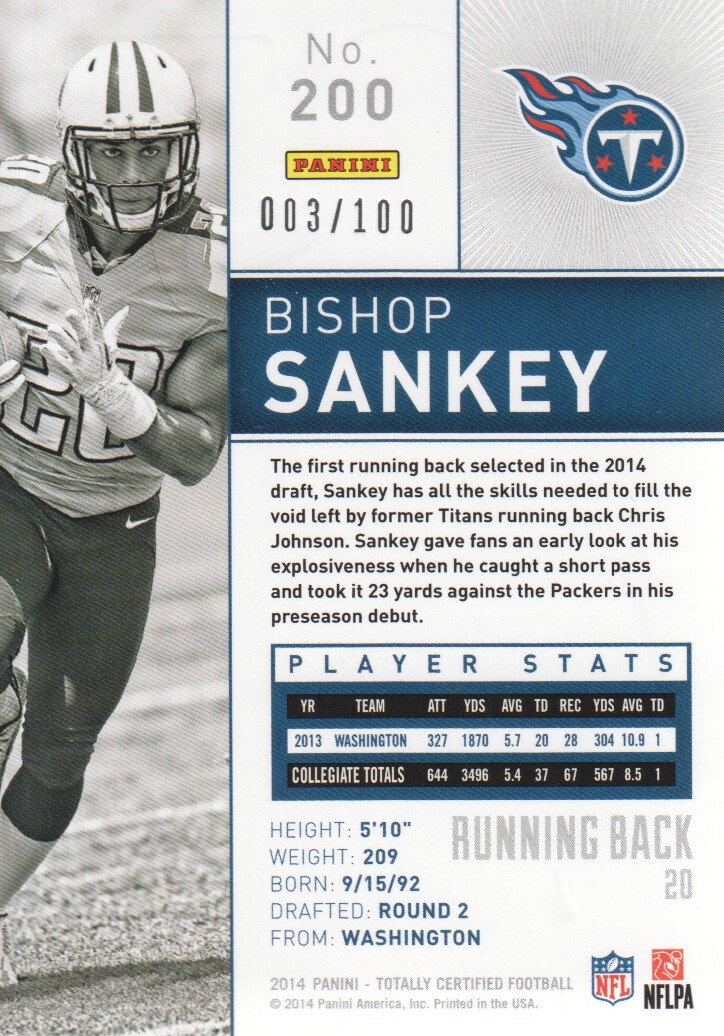 2014 Totally Certified Platinum Red #200 Bishop Sankey back image