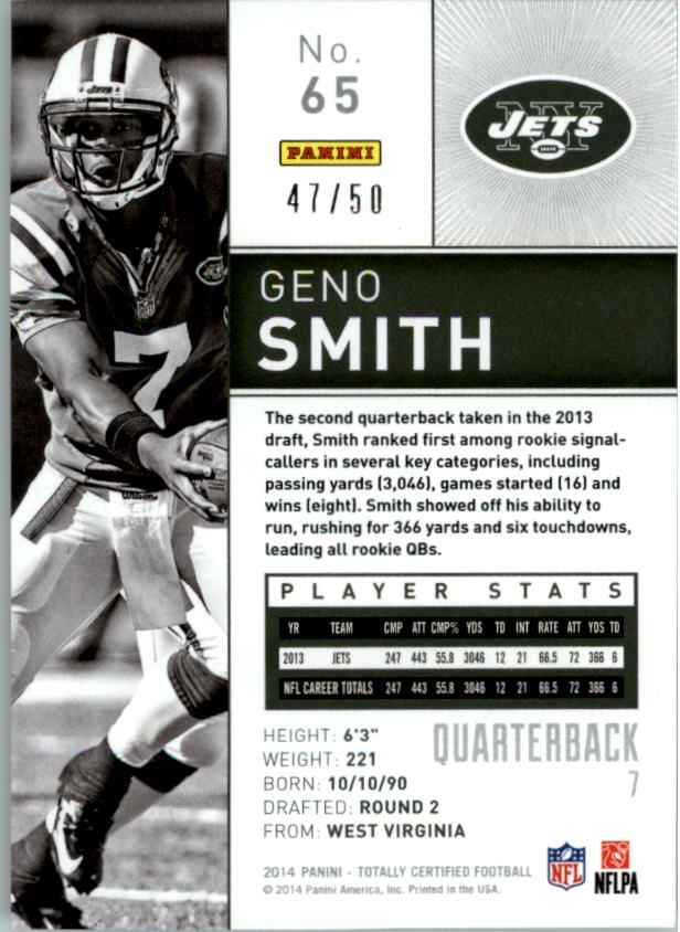 2014 Totally Certified Platinum Blue #65 Geno Smith back image