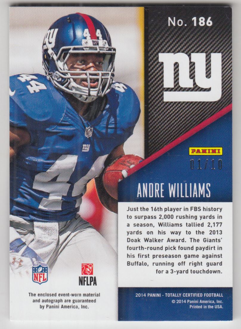 2014 Totally Certified Rookie Autograph Jerseys Prime Mirror Blue #186 Andre Williams back image