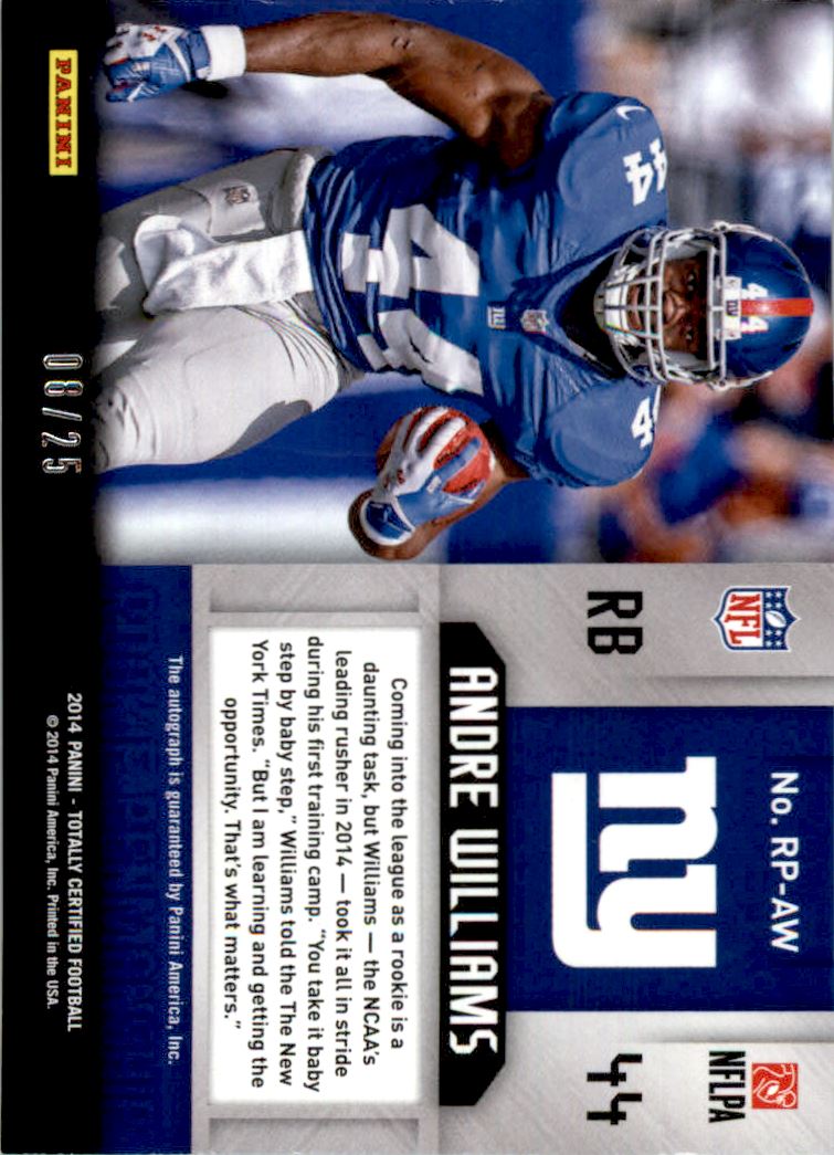 2014 Totally Certified Rookie Penmanship Blue #RPAW Andre Williams/25 back image