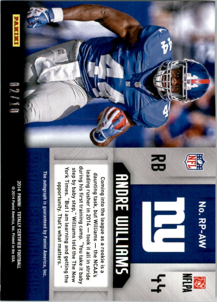 2014 Totally Certified Rookie Penmanship Gold #RPAW Andre Williams/10 back image