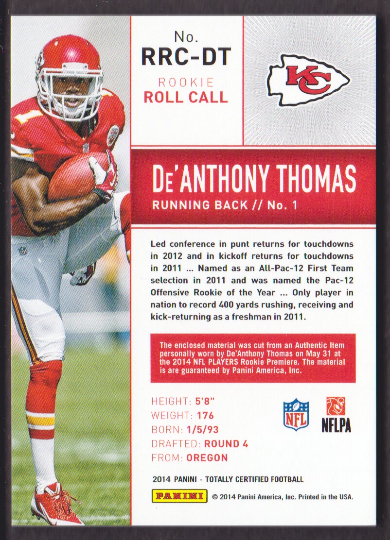 2014 Totally Certified Rookie Roll Call Jerseys #RCCDT De'Anthony Thomas back image