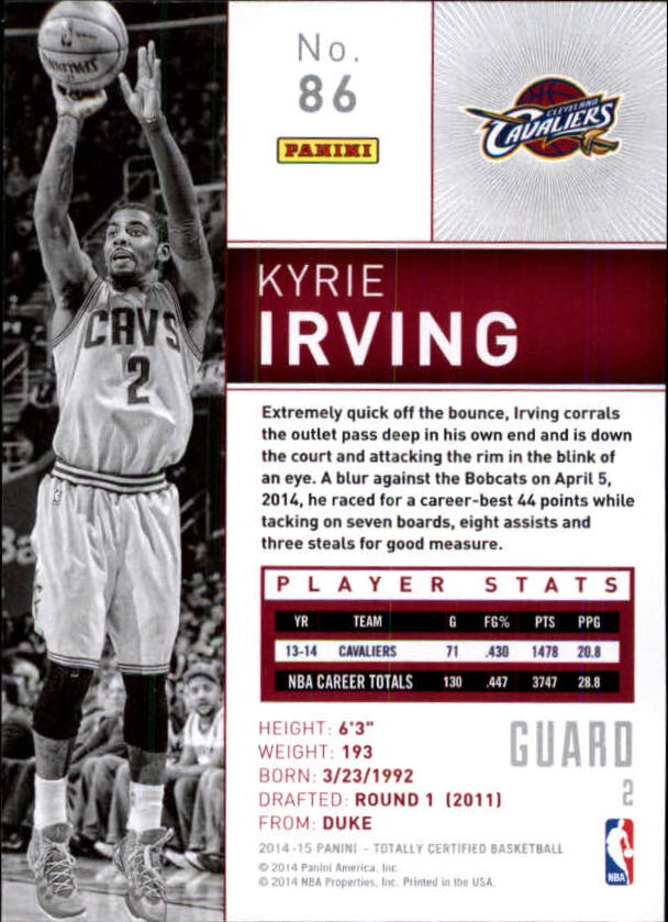 2014-15 Totally Certified #86A Kyrie Irving back image