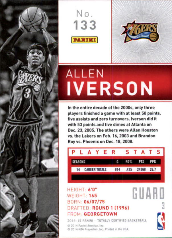 2014-15 Totally Certified #133 Allen Iverson back image