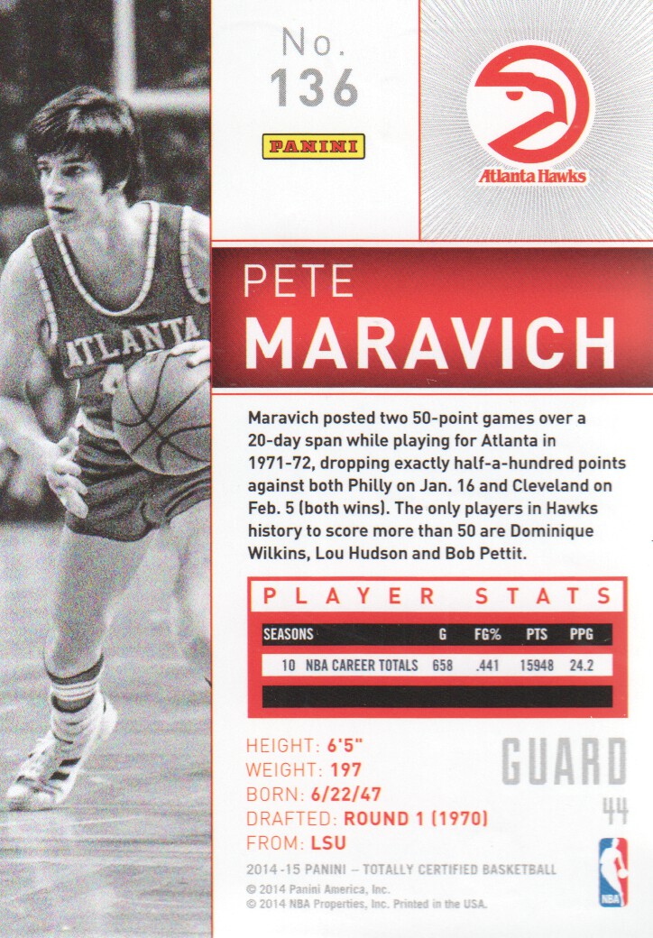 2014-15 Totally Certified #136A Pete Maravich back image
