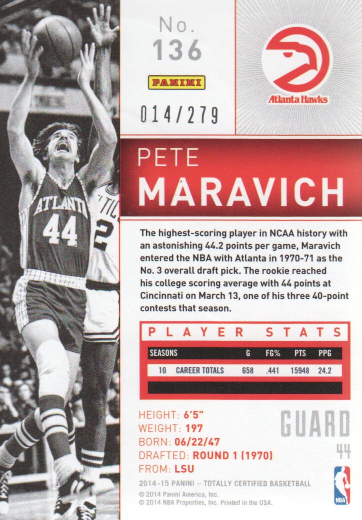 2014-15 Totally Certified Platinum Red #136B Pete Maravich back image