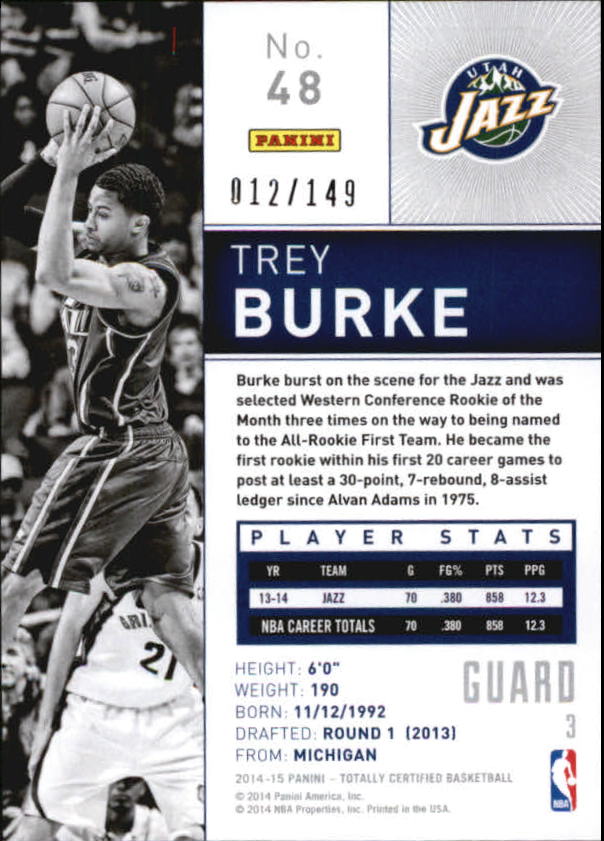2014-15 Totally Certified Platinum Blue #48 Trey Burke back image
