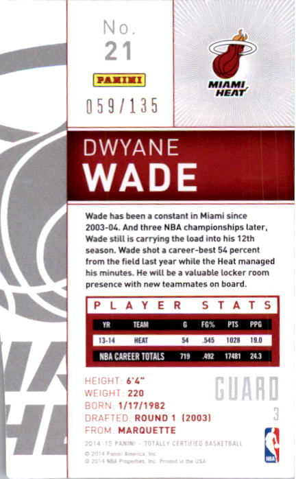 2014-15 Totally Certified Platinum Mirror Red Die Cuts #21 Dwyane Wade back image