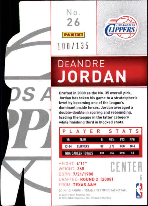 2014-15 Totally Certified Platinum Mirror Red Die Cuts #26 DeAndre Jordan back image