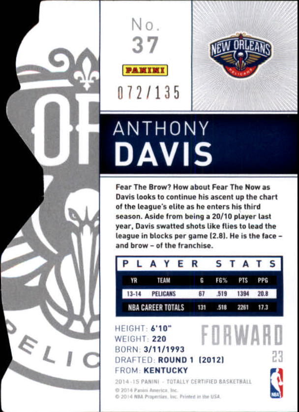 2014-15 Totally Certified Platinum Mirror Red Die Cuts #37 Anthony Davis back image