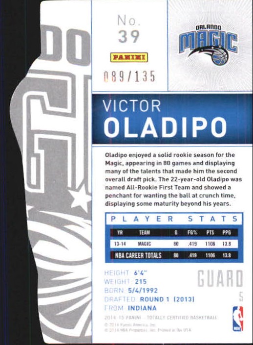 2014-15 Totally Certified Platinum Mirror Red Die Cuts #39 Victor Oladipo back image