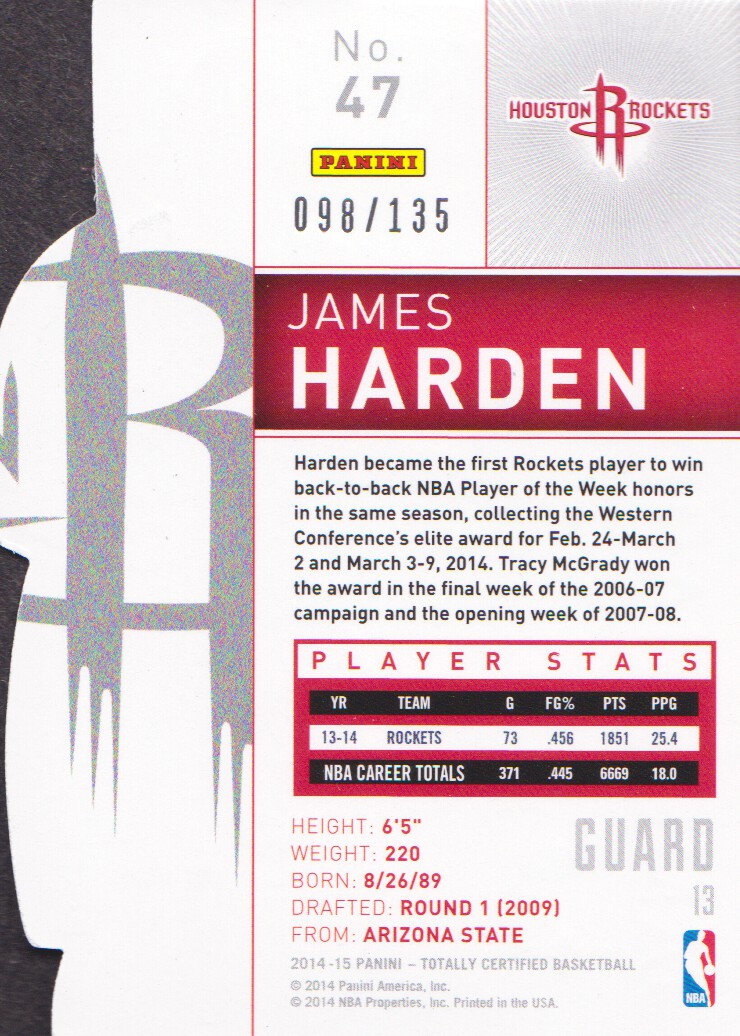 2014-15 Totally Certified Platinum Mirror Red Die Cuts #47A James Harden back image
